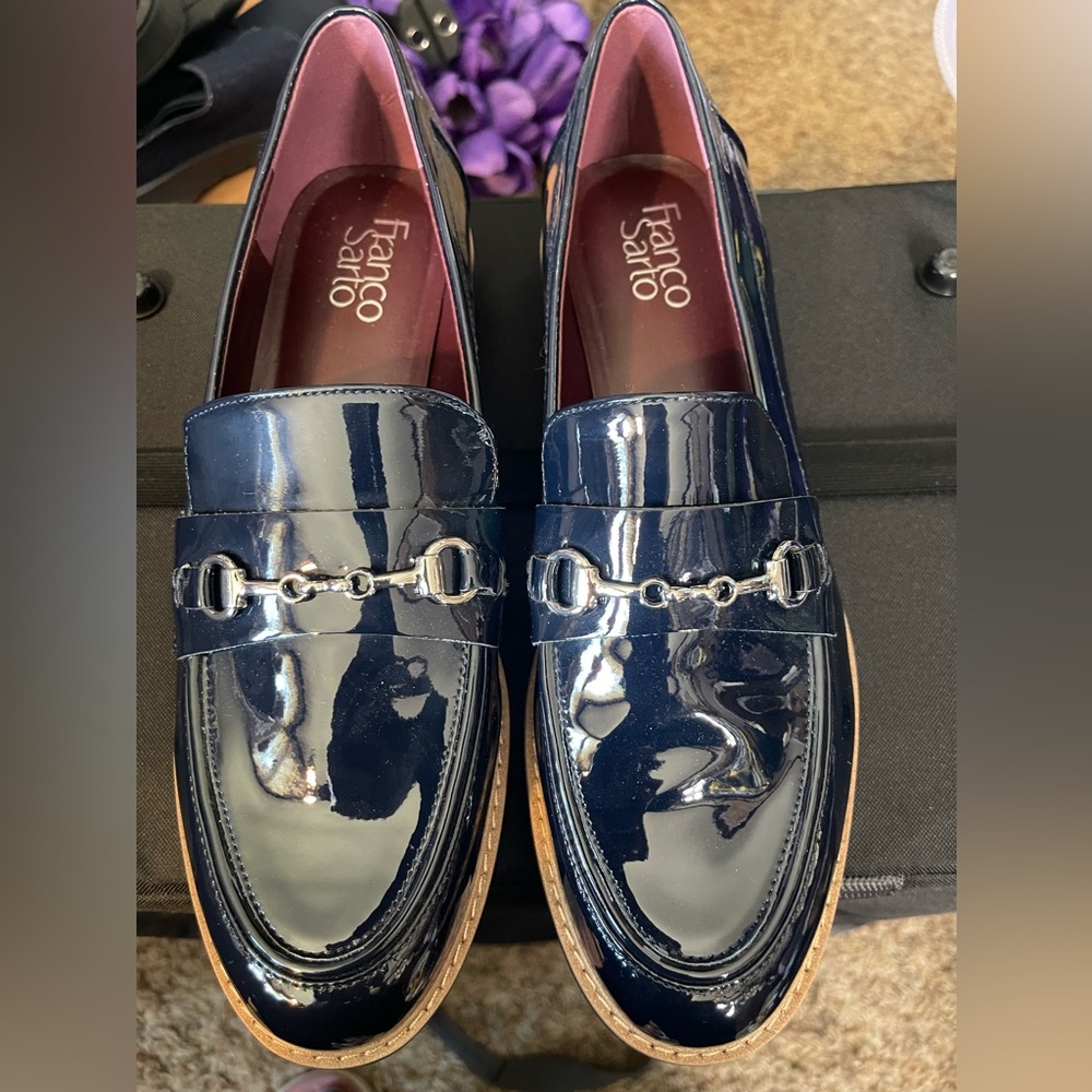 Franco Sarto Women's Navy Patent Loafers with Silver Bit